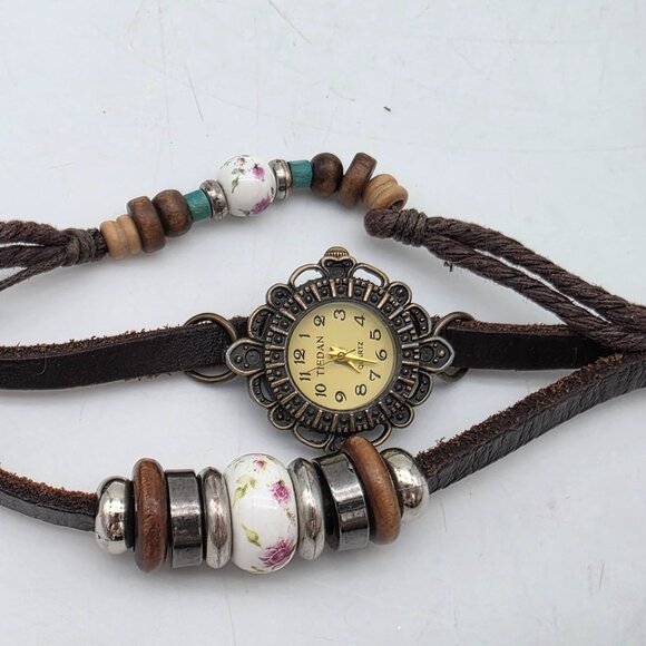 Vintage Tiedan Quartz Leather Wrap Bracelet Watch Floral Beads Boho Design - Picture 3 of 9